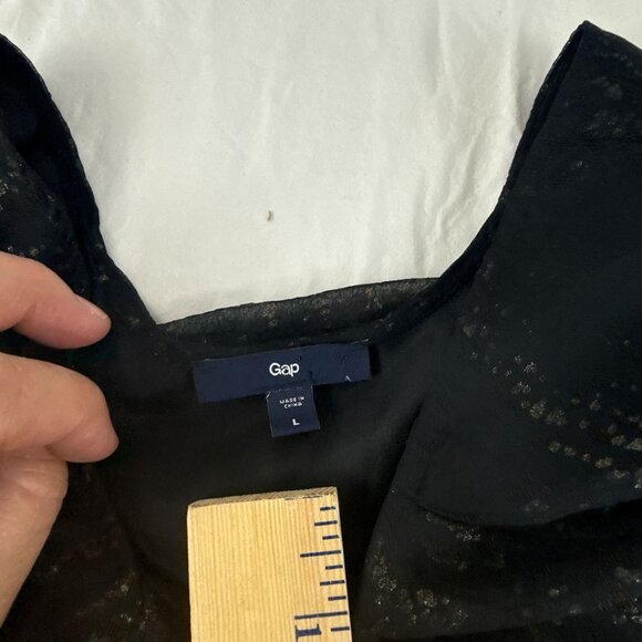 Gap Black Sheer Metallic Gold Accent Blouse Large Short Sleeve Party Holiday Top - Picture 5 of 9